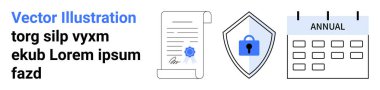 İmzalanmış belge, kilit simgesi olan kalkan ve yıllık takvim güvenlik, sözleşme geçerliliği ve periyodik güncellemeleri temsil ediyor. Yasal, uyumluluk, veri gizliliği, siber güvenlik yıllık planlama için ideal