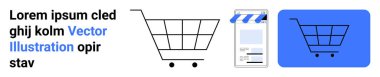 Alışveriş arabası ikonu, mağaza önü grafiği ve mavi arka plan vurguları e-ticaret, dijital alışveriş. Basit çevrimiçi mağazalar, perakende, pazarlama, ticaret, kullanıcı arayüzü reklamları için ideal