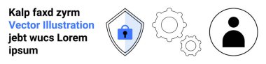 Kilit sembollü kalkan, kullanıcı profili simgesi ve dişli ayarları simgesi. Güvenlik, veri gizliliği, kullanıcı yönetimi, sistem ayarları, teknoloji hizmetleri, IT işlemleri düz iniş sayfası afişi için ideal