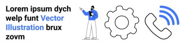 İş adamı dişli ve çağrı ikonlarının yanında sunum yapıyor, işbirliğini, teknolojiyi ve iletişimi vurguluyor. Takım çalışması, ağ oluşturma, müşteri desteği, strateji, çözüm iş araçları için ideal