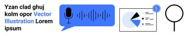 Ses dalgalı mikrofon, turta grafiği ve para birimi ile finans şeması, büyüteç. Veri analizi, ses işleme, finans, araştırma, iş, teknoloji için ideal basit iniş sayfası