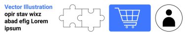 Bağlantıyı simgeleyen bulmaca parçaları, e-ticareti temsil eden bir alışveriş arabası ve bireysel kimliği sembolize eden bir kullanıcı simgesi. Takım çalışması, e-ticaret, pazarlama, kullanıcı deneyimi ve veri için ideal