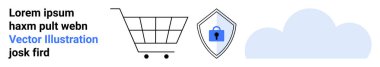 Alışveriş arabası, kilitli güvenlik kalkanı, mavi bulut. E-ticaret, siber güvenlik, bulut depolama, veri gizliliği, online alışveriş güvenli teknolojili dijital çözümler için idealdir. Düz iniş sayfası pankartı