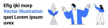 Oklarla büyüyen soyut bitki, sunum yapan VR gözlük takan bir adam ve el kol hareketi yapan bir kadın. Takım çalışması, yenilik, büyüme, teknoloji, eğitim, sunumlar için ideal basit bir iniş sayfası