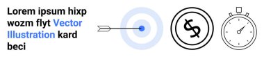 Ok hedefin merkezine isabet ediyor, dolar para ikonu finansal odaklanma sağlıyor, kronometre zaman yönetimini gösteriyor. İş için ideal, hedefler, finans, zaman, doğruluk başarısı. Soyut çizgi düz metafor