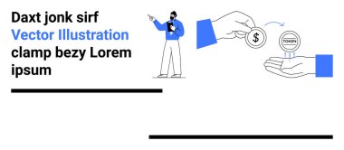 İşlem kavramına profesyonel işaret, jeton ve dolar değiş tokuşu, kriptoyu sembolize eden ticaret, finans, dijital ekonomi, blok zinciri, yatırım, basit iniş sayfası