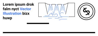 Kanal boyunca çağlayan su, daire içinde dolar sembolü, soyut metin blokları. İş, finans, ekonomi, ticaret, sanayi, kaynak yönetimi için idealdir.