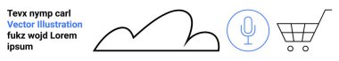 Minimalist bulut, mikrofon ve basit hatları olan alışveriş arabası simgeleri. Teknoloji, medya, e-ticaret, iletişim, bulut hizmetleri, çevrimiçi alışveriş ve basit iniş sayfası için ideal