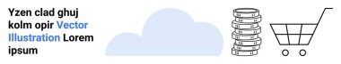 Para yığını, alışveriş arabası ve bulut ögesi online alışveriş, yatırım ve dijital ticareti sembolize ediyor. E-ticaret, finansal büyüme kavramları, SaaS, yatırım uygulamaları için ideal