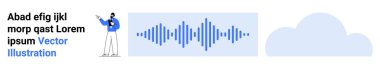 Adam ses dalgasını, görsel bulutu ve metin bloğunu işaret ediyor. Ses teknolojisi, iletişim, bulut depolama, yapay zeka, ses tasarımı, sunumlar için ideal basit iniş sayfası