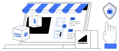 Vitrindeki tenteli, alışveriş arabası ikonlarıyla, teslimat kutularıyla ve güvenlik kalkanıyla elektronik ticaret ekranı. Çevrimiçi perakende satış, güvenli ödeme, dijital pazarlama, İnternet alışverişi, teslimat için ideal