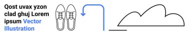 Çizilmiş bir çift ayakkabı, minimalist bulut çizimine işaret eden bir ok. Hareket, geçiş, veri depolama, seyahat, açık hava aktivitesi, dijital dönüşüm, basit iniş sayfası