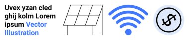 Kablosuz sinyal ve dolar işaretli güneş paneli yenilenebilir enerji, bağlantı ve finansmanı simgeliyor. Enerji yeniliği, sürdürülebilirlik, teknoloji, finans, iş dünyası, çevre dostu