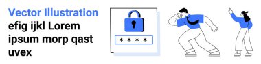 İki dinamik insan eşliğinde, güvenliği vurgulayan parola alanı olan bir simge kilitle. Güvenlik, gizlilik, kimlik doğrulama, dijital güvenlik, erişim kontrolü, veri koruması, basit iniş için ideal