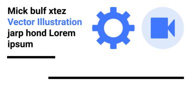 Mavi dişli ve video kamera ikonu soyut metin ve basit siyah çizgilerle eşleştirildi. Teknoloji kavramları, video üretimi, takım çalışması, yaratıcı projeler, sunumlar, yazılım pazarlaması için ideal