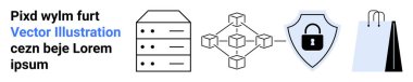 Sunucu yığını, zincirleme yapı, kilitli güvenlik kalkanı, alışveriş çantası. Teknoloji, engelleme zinciri, çevrimiçi güvenlik, e-ticaret, veri dijital işlemler için ideal basit iniş sayfası