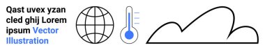 Dünya 'yı temsil eden küre, sıcaklığı gösteren termometre ve soyut bulut çizgisi iklim temalarını gösteriyor. Çevre, sürdürülebilirlik, hava durumu, küresel ısınma ve iklim hareketi için ideal