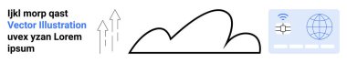 Yükselen okları, kablosuz küresi ve UX elemanları olan bir bulut simgesi. Teknoloji, ağ oluşturma, geliştirme, küresel iletişim, bulut çözümleri, basit iniş sayfası için ideal