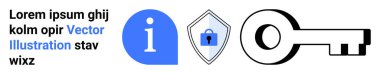 Bilgi simgesi, kilit kalkanı ve anahtar vurgu verileri, güvenlik ve erişim temaları. Gizlilik, teknoloji, güvenlik, şifreleme siber güvenlik desteği ve düz iniş sayfası afişi için ideal