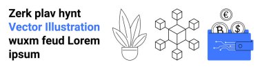 Saksı bitkisi, zincir küpleri ve bozuk paralarla dolu dijital cüzdan. Teknoloji, finans, kripto para birimi, engelleme zinciri, sürdürülebilirlik fintech ve çevre dostu temalar için ideal. Düz iniş sayfası pankartı