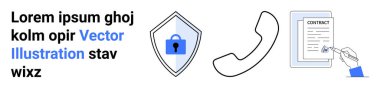 Kilitli bir kalkan, telefon sembolü ve el imzalı bir belge. Güvenlik, iletişim, sözleşmeler, teknoloji, gizlilik kurumsal uyum için idealdir. Düz iniş sayfası pankartı