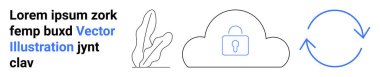 Güvenli kilidi olan bulut, yenilenme döngüsünü gösteren oklar ve minimalist bitki çizgisi sanatı. Teknoloji, güvenlik, senkronizasyon, bulut yedekleme, sürdürülebilirlik, özel iniş sayfası için ideal