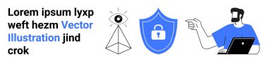 Piramitli göz sembolü, kilit ikonlu kalkan, dizüstü bilgisayarda çalışırken işaret eden adam. Siber güvenlik, veri koruması, çevrimiçi farkındalık, dijital güvenlik, takım çalışması, eğitim ve teknoloji için ideal