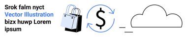 Dolar sembollü alışveriş torbası dairesel oklar ve bulutlarla çevrili, e-ticaret, dijital işlemler, bulut depolama, fintech, perakende satış, küresel ticaret, düz iniş sayfası afişi sembolize ediyor