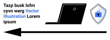 Kalkanlı ve kilit grafikli laptop silueti güvenli veri transferini sembolize ediyor, büyük ok sinyal yönü. Teknoloji, siber güvenlik, veri koruması, gizlilik, bilişim çözümleri, dijital