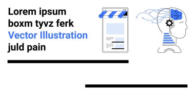 Sinir bağlantıları olan bir insan kafası ve yapay zekayı sembolize eden bir vites online bir mağaza gösteren mobil bir cihazın yanında. Teknoloji, yapay zeka, e-ticaret, dijital dönüşüm, yenilik, veri ağları için ideal