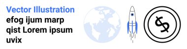 Dünya küresi ve madeni para ikonu yakınlarında roket fırlatılıyor. Teknoloji, finans, girişimler, uzay keşfi, küreselleşme, yenilik, ekonomik trendler için idealdir. Soyut çizgi düz metafor