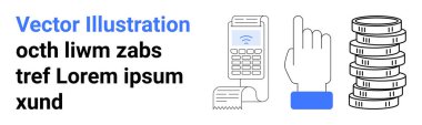 NFC terminali, işaret eden jest, basılı makbuz, temassız ödemeyi vurgulayan bozuk para yığını. Finans, e-ticaret, bankacılık, fintech, nakitsiz ekonomi dijital cüzdan için ideal