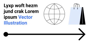 Küresel pazarı simgeleyen küre, perakende satış torbası ve yönü gösteren ok. Ticaret, uluslararası ticaret, e-ticaret, pazarlama, lojistik, navigasyon için ideal basit iniş sayfası
