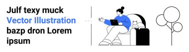 Kanepede oturan kadın dizüstü bilgisayarı yanında kedisi, arka planda ağacı olan bir kadın. Uzaktan çalışma, serbest çalışma, üretkenlik, rahatlama, minimalist yaşam tarzı, hayvan bakımı, basit iniş sayfası için ideal