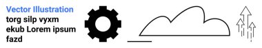 Yukarı doğru üç ok ile bulutun yanında vites. Teknoloji, yenilik, süreç, büyüme, bulut hesaplaması, iş geliştirme, dijital dönüşümü temsil ediyor. Basit bir iniş sayfası için ideal