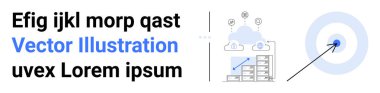 Noktalı ok, bulut simgeleri ve veri depolama ve başarıyı birbirine bağlayan analitik şeması olan hedef. İş stratejisi, veri yönetimi, bulut çözümleri, hedef belirleme, teknoloji ve analitik için ideal