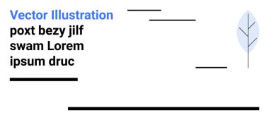 Çeşitli stillerde metin içeren soyut düzenleme, yatay çizgiler ve sağda stilize edilmiş mavi yaprak. Markalaşma, editoryal, modern tasarım, eko-tema, soyut sanat, minimalizm için ideal