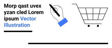 El ele tutuşan kalem, alışveriş arabası grafiği ve soyut planda en az metin elemanı. Tasarım, alışveriş, e-ticaret, markalaşma, eğitim, yaratıcılık için ideal basit iniş sayfası