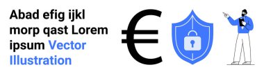 Avro para birimi işareti, asma kilit kalkanı korumayı simgeliyor, pano analizi yapan kişi. Finans, güvenlik, teknoloji, veri analizi, fintech, risk yönetimi basit iniş sayfası için ideal