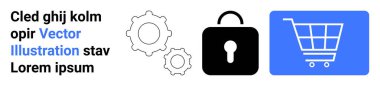 İkonalar, bir kilit ve e-ticaret güvenlik, ayarlar ve dijital işlemleri temsil eden bir alışveriş arabası. Teknoloji, alışveriş güvenliği, web tasarımı, çevrimiçi mağazalar için ideal finansal platformlar
