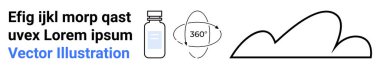 İlaç şişesi, 360 derecelik dönüş okları ve bulut çizgisi. Sağlık, yenilik, teknoloji, çevre, dijital pazarlama, eğitim için ideal