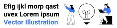 Ayakta el kol hareketi yapan, dizüstü bilgisayarda oturan, soyut ampul, sahte mesaj. Takım çalışması, yenilik, beyin fırtınası, eğitim, teknoloji sektörü için ideal basit bir iniş sayfası