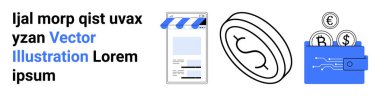 Çevrimiçi alışveriş, e-ticaret, sanal ödemeler, kripto para birimi, fintech, finansal hizmetler ve basit bir iniş sayfasını vurgulayan dijital para birimleriyle akıllı telefon mağazası, para ve cüzdan.