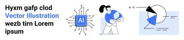 Devreli yapay zeka çipi, diyagramlarla verileri analiz eden kadın ve metin elemanları. Yapay zeka, veri bilimi, eğitim, takım çalışması, araştırma, yenilik için ideal basit iniş sayfaları