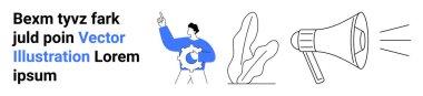 Yaprak ve megafon yayma sesinin yanında çarklı jestler yapan bir birey. Takım çalışması, yenilik, iletişim, liderlik, iş stratejisi, yaratıcılık ve basit iniş sayfası için ideal