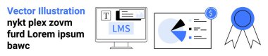 Bilgisayarda LMS arayüzü, dolar simgesi ve mavi rozetli finansal pasta grafiği gösteriliyor. Eğitim, e-öğrenim, analitik, finansal planlama, sertifika, basit iniş sayfası eğitimi için ideal