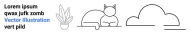Kedi ve saksı bitkisi, bulut şekilli ve metin röfleli minimalist bir sanat tarzında. Doğa, rahatlama, evcil hayvanlar, ev dekorasyonu, basitlik, soyut sanat, düz iniş sayfası afişi için ideal