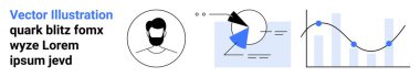 Kullanıcı profili simgesi, oklu pasta grafiği, çizgi grafiği. Teknoloji, analitik, iş, pazarlama, veri yönetimi, bilgi tasarımı için ideal basit iniş sayfası
