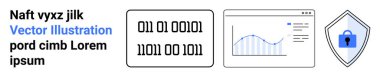 İkili kod ve veri grafiği bir kalkan ambleminin yanında. Siber güvenlik, veri koruması, analitik, teknoloji, programlama, çevrimiçi güvenlik, düz iniş sayfası afişi için ideal