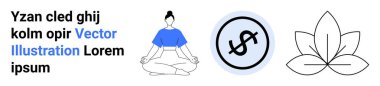 Meditasyon pozisyonunda genç bir birey, büyüme için yuvarlak dolar simgesi ve minimalist bir nilüfer çiçeği. Farkındalık, kişisel bakım, finansal refah, dinginlik, dinginlik, büyüme sade iniş sayfası için ideal